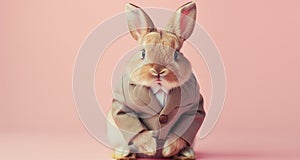 Cute funny bunny in a suit looking at the camera on pink background, animal, creative concept