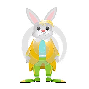 Cute and funny bunny on a white background. Rabbit dressed in a jacket, pants and tie