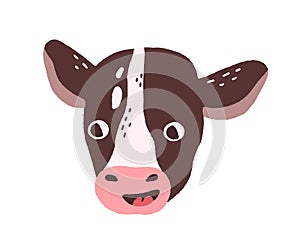 Cute funny calf face. Head portrait of domestic milk farm animal in doodle style. Baby cow muzzle with surprised eyes