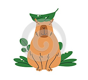 Cute funny capybara in nature. Happy capy in peace, zen. Adorable calm peaceful capibara animal chilling, relaxing