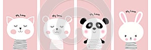 Cute funny cartoon animals character, cat, bear, panda and rabbit.