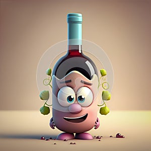 Cute and Funny Cartoon Bottle of Tipsy Red Wine, Generative AI photo