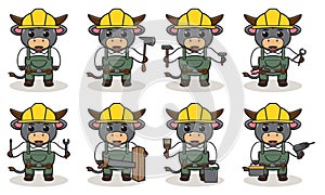 Cute and funny cartoon Buffalo being a handyman.