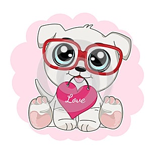 Cute funny cartoon cat in glasses smiling holding a red heart.