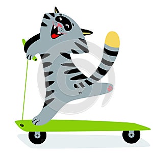 Cute funny cartoon cat on kick scooter. Feline cheerful sporty c