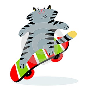 Cute funny cartoon cat on skateboard. Feline cheerful sporty character.