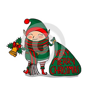 Cute funny cartoon character christmas elf with long scarf holding gift bag and handbell, isolated on white background