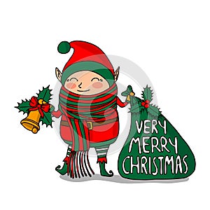 Cute funny cartoon character christmas elf with long scarf holding gift bag and handbell, isolated on white background