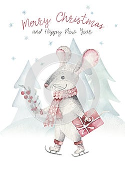 Cute funny cartoon christmas mouse christmas card. Watercolor hand drawn rat animal illustration. New Year 2020 holiday