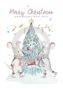 Cute funny cartoon christmas mouse christmas card. Watercolor hand drawn rat animal illustration. New Year 2020 holiday