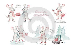 Cute funny cartoon christmas mouse christmas card. Watercolor hand drawn rat animal illustration. New Year 2020 holiday