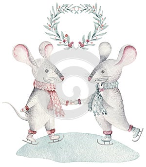 Cute funny cartoon christmas mouse christmas card. Watercolor hand drawn rat animal illustration. New Year 2020 holiday