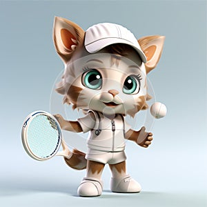 Cute funny cartoon kitten tennis player
