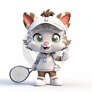 Cute funny cartoon kitten tennis player