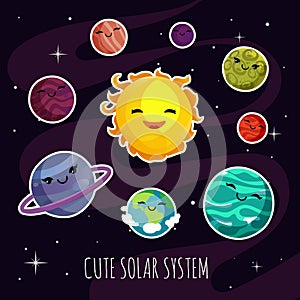 Cute and funny cartoon planets stickers of solar planetary system. Kids astronomy education vector set
