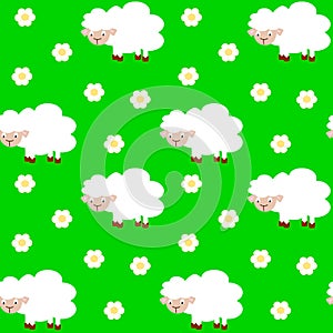 Cute funny cartoon sheep in the meadow seamless pattern