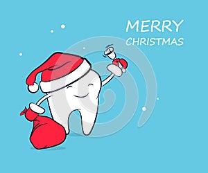 Cute funny cartoon tooth in a Santa Claus hat in red mittens with a bag of gifts and a bell.
