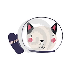 Cute funny cat astronaut in space helmet cartoon character illustration.