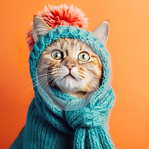 Cute Funny Cat in Blue Knitted Hat, Blue Scarf on Orange background. Breed Maine Coon Tabby Ginger.