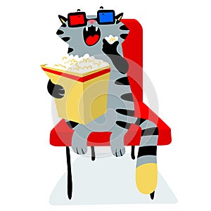 Cute funny cat in the cinema with popcorn. Feline character.