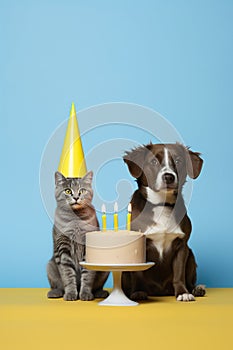 cute and funny cat and dog celebrate happy birthday by cake with candles