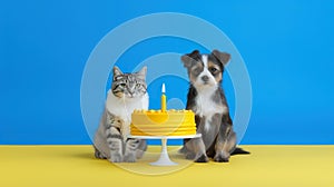 cute and funny cat and dog celebrate happy birthday by cake with candles