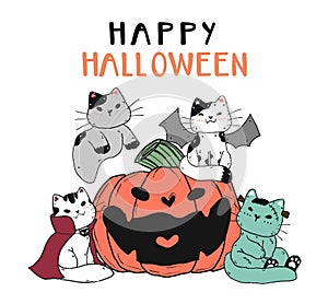 Cute funny cat friend gang group in Halloween costume with smile craved pumpkin flat vector doodle cartoon clip art element for