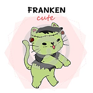 cute funny cat green Frankenstein funny Halloween, franken cute, idea for sublimation, print, greeting card, sticker