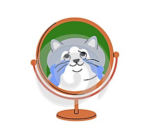 Cute funny cat looking at mirror reflection. Kitty crying, happy tears, touched with beauty. Feline animal likes itself