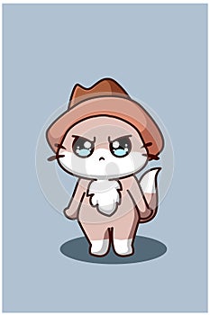 A cute and funny cat wearing cowboy hat cartoon illustration