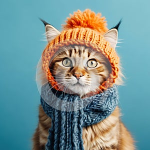 Cute Funny Cat in Yellow Knitted Hat, Blue Scarf on Blue background. Breed Maine Coon Tabby Ginger.