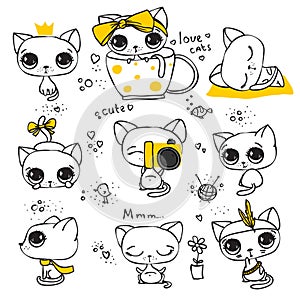 Cute and funny cats doodle vector set. Cartoon cat or kitten characters design collection with flat color in different