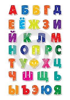 Cute funny childish russian alphabet. Vector font illustration