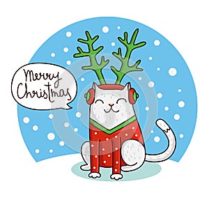 Cute and funny Christmas cat in the hat with antlers.