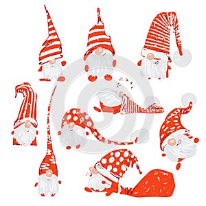 Cute funny christmas characters - white bearded gnomes in different positions with red hats. Christmas gnomes set, hand