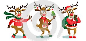Cute and funny Christmas reindeers, cartoon vector illustration isolated on white background, reindeer with Christmas