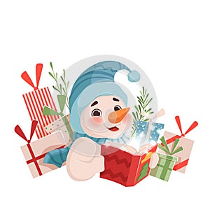 Cute funny Christmas snowman holds a magic book next to the gifts. Christmas illustration on a white background