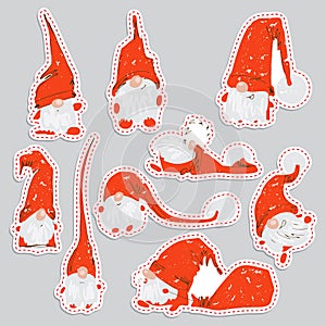 Cute funny christmas sticker characters - white bearded gnomes in different positions with red hats. Christmas gnomes