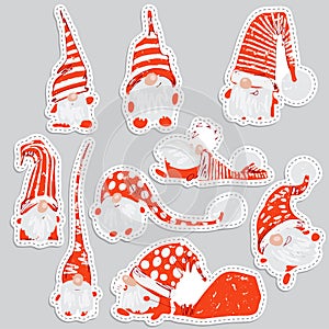 Cute funny christmas sticker characters - white bearded gnomes in different positions with red hats. Christmas gnomes