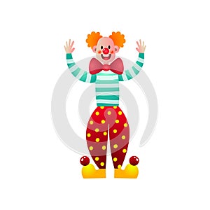 Cute and funny circus clown with red nose and big shoes