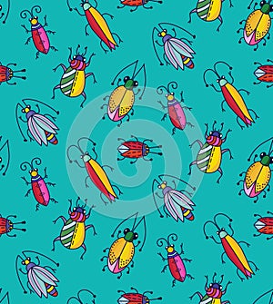 Cute funny colorful insects bugs beetles doodles seamless vector pattern