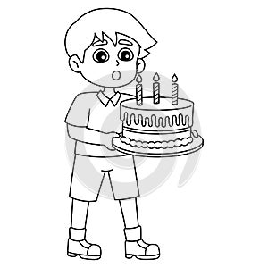 Boy Blowing Happy Birthday Cake Isolated Coloring