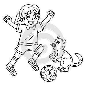 Girl and Cat Playing Soccer Isolated Coloring Page