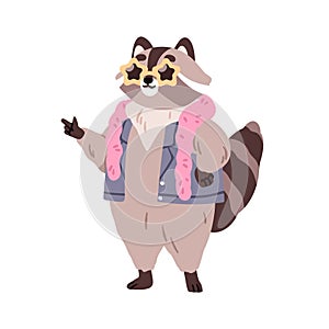 Cute funny cool raccoon in sunglasses. Comic fashion sassy animal character in star sunglasses. Cheeky funky mammal photo