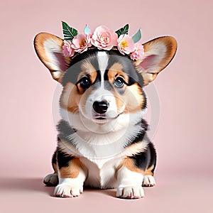 Cute funny corgi puppy with a wreath of pink flowers on his head and butterfly