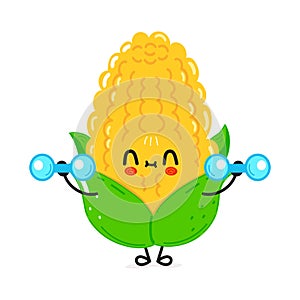 Cute funny corn character with dumbbells. Vector hand drawn cartoon kawaii character illustration icon. Isolated on
