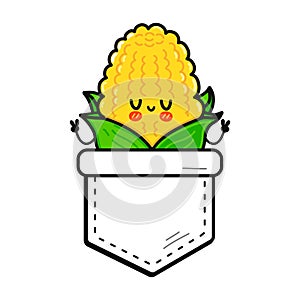 Cute funny corn pocket t-shirt print.Vector cartoon doodle line style character logo illustration design. Isolated white