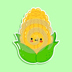 Cute funny corn sticker character. Vector hand drawn cartoon kawaii character illustration icon. Isolated on green