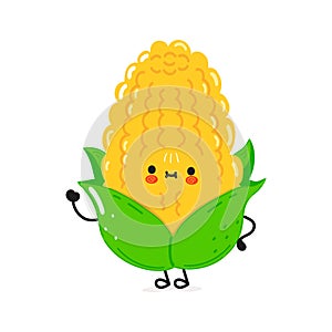Cute funny corn waving hand character. Vector hand drawn cartoon kawaii character illustration icon. Isolated on white