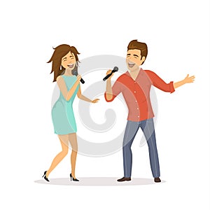 Cute funny couple emotionally singing songs photo